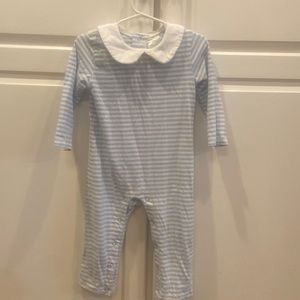Stitchy Fish light blue stripe unisex romper with Peter Pan collar.